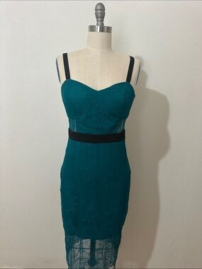 bebe Teal Lace Midi Dress with Black Straps and Waistband